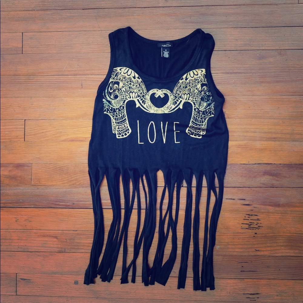 Black fringe top with elephants